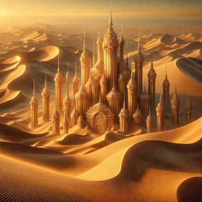 Primary subject: A castle made of sand, with a golden and intricate design.

Setting/background: A desert landscape, with sand dunes and a sky in the background.

Visual style: Digital art, with a detailed and intricate design.

Colors and mood: The castle is golden and has a warm, inviting atmosphere. The desert landscape adds a sense of vastness and serenity to the scene.